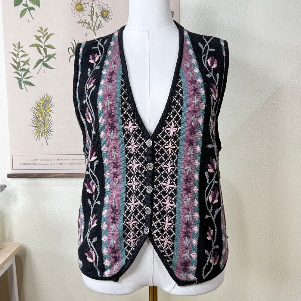 Vtg 90s Floral Embroidered Sweater Vest Cottage Fairy Grunge Witchy Whimsigoth L - Picture 1 of 9